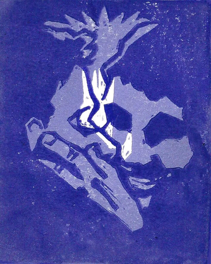A two-tone block print depicting two back-lit men, one with his hand on the cheek of the other.